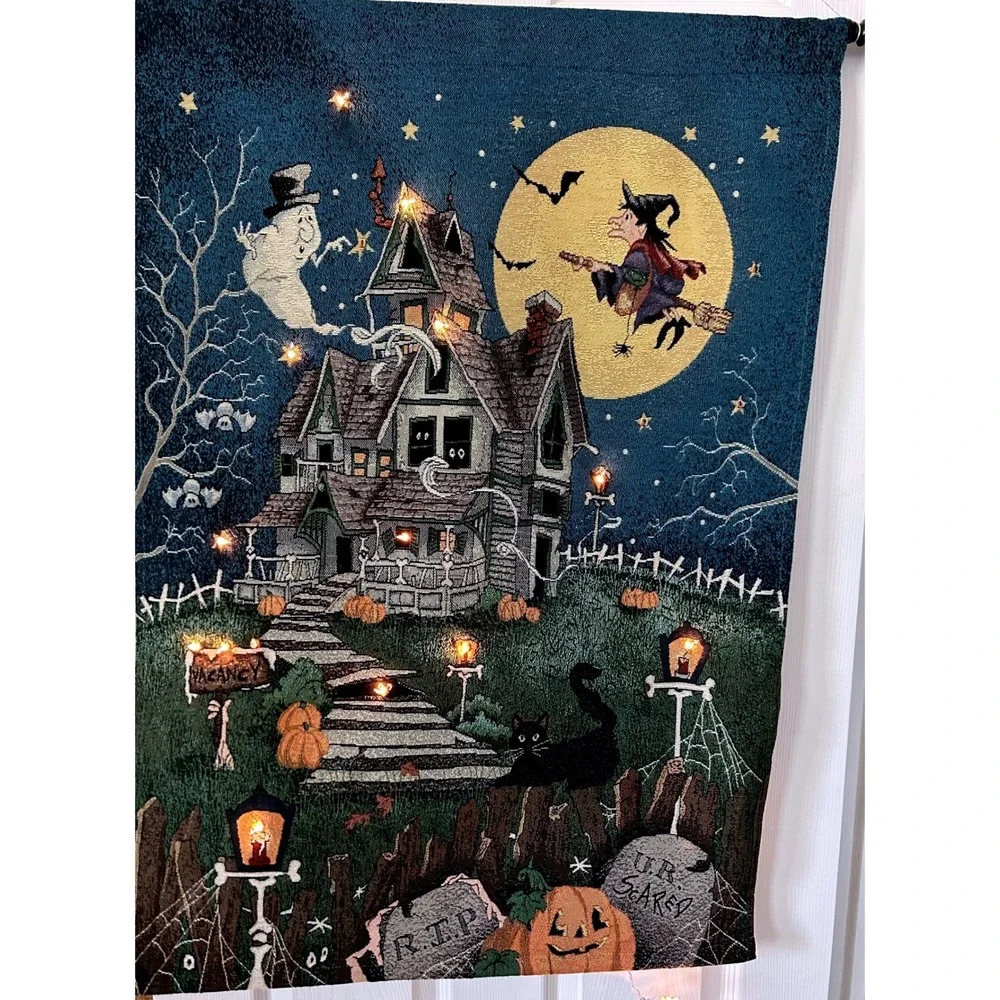 VTG MWW Boo Hill Light Up Halloween Tapestry Whimsigoth Haunted House 26x36